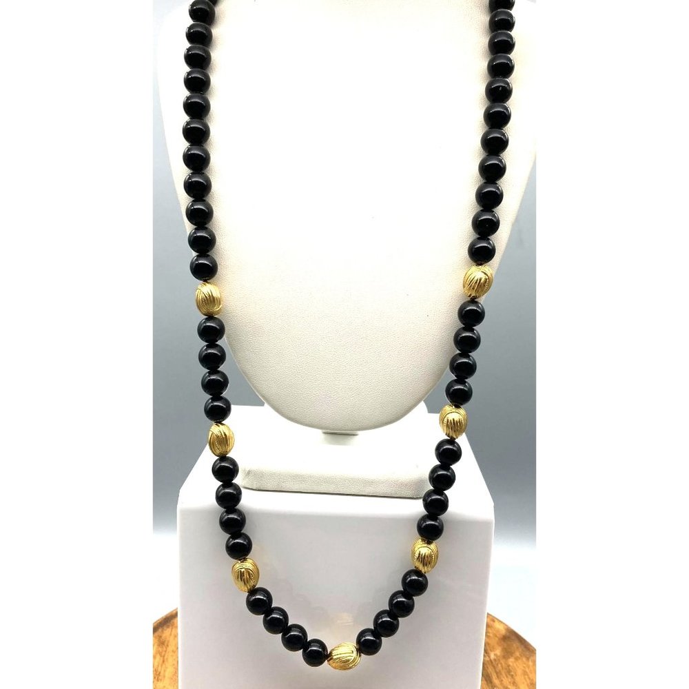 Vintage Black Lucite Necklace with Textured Gold Tone Bead Spacers, Chic Classic